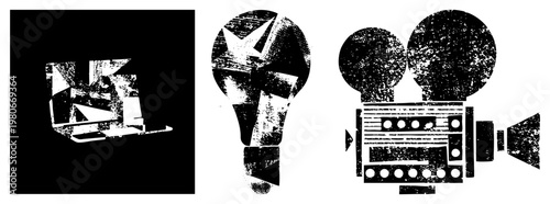 Stylized tech rendered in halftone texture laptop, lightbulb, film camera. Vector graphic with gritty aesthetic, ideal for UI, branding, or digital art.