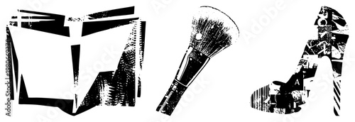 Black and white vector silhouettes of brush, book, heel gritty halftone, geometric fragments. Artistic fashion/beauty with distressed look.