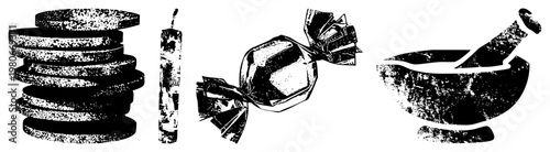 Black and white halftone graphic of cookies, candle, candy, mortar and pestle stylized food items, kitchen tools, vintage vector art, isolated elements.