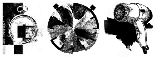 Classic pocket watch with chain, mechanical gear wheel, handheld hairdryer, vector art, halftone texture, isolated objects, technical doodle style.