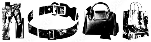 Stylish denim jeans, leather belt with buckle, designer handbag, and shopping bag rendered in bold black and white vector art. Fashion accessories for retail,, or e commerce use.