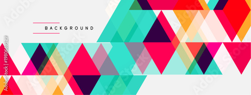 Geometric triangles form vibrant pattern. Pink, teal, purple hues dominate white space. Modern design element.