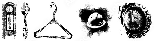 Antique clock with pendulum, adjustable wrench tool, wooden clothes hanger, safety hard hat, metal bottle cap, all rendered in halftone dot, isolated vector.