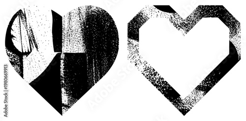 Vector halftone heart graphic featuring fork inside, paired with hollow heart, retro print style, black and white, food, love symbol.