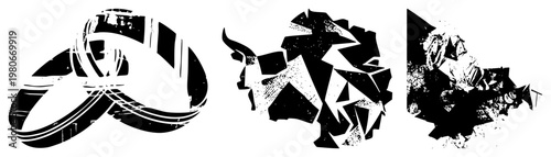 Stylized fragmented forms, graphic composition, modern art, bold contrast, digital illustration, minimalist design, abstract.