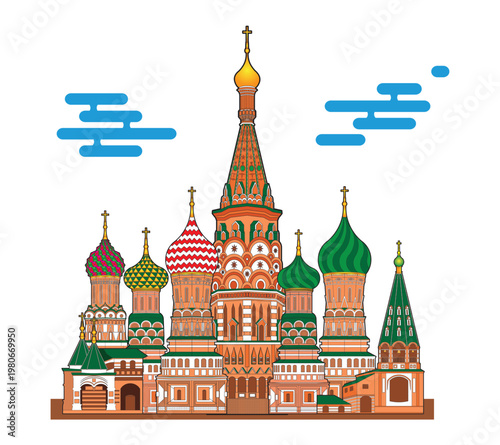 Line art illustration vector Symbols of Moscow Russia the Cathedral of Vasily the Blessed or Saint Basil Cathedral drawing in colorful vector