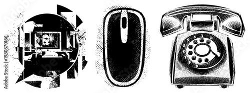 Retro rotary telephone, contemporary computer workstation, ergonomic mouse, rendered in halftone dots, tech nostalgia, digital vs analog interface, minimalist vector art.