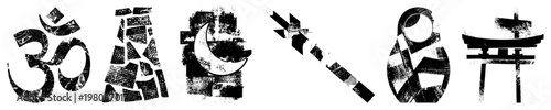 Sacred symbols rendered in textured black and white, including Om,, moon, staff, matryoshka, torii gate, spiritual, cultural motifs.