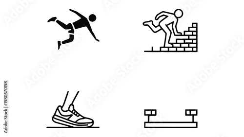 Dynamic Athletic Icons: A set of dynamic icons representing the core movements of the exciting sport of Parkour, featuring a silhouette of an athlete in action. 