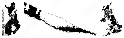 Stylized geographic of Finland, Bosphorus Strait, and UK with halftone texture, vector map art, isolated political regions, black ink illustration.