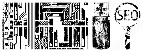 Black and white vector illustration of circuit boards, USB stick, and SEO key symbol, digital tech, isolated digital components, stylized electronic design.