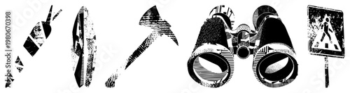 Stylized halftone (, surfboard, hammer, binoculars, sign) in high contrast black/white with texture perfect for retro/graphic design.