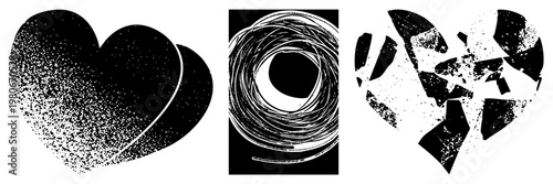 Graphic rendered in halftone dots, scribbled, and shattered pieces, vector art, emotional symbols, stylized.