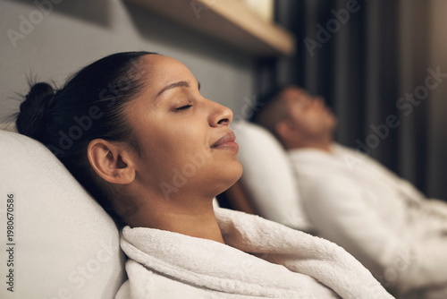 Photography Spa, sleep and woman in center with robe, healing treatment and relaxation at wellness resort