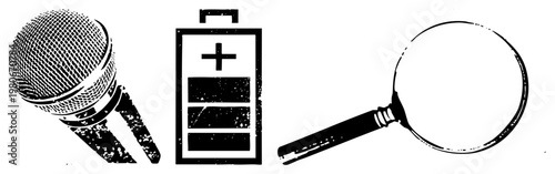 recording tool, power source indicator, magnifying glass for close up analysis, black and white vector, digital interface elements, communication and diagnostics tools.