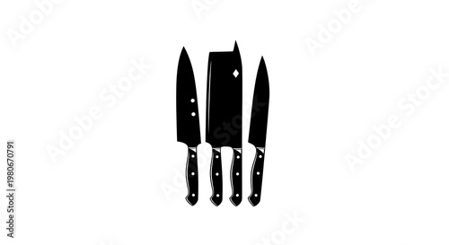 Black silhouette icons of a chef knife, a meat cleaver, and a paring knife isolated on white
