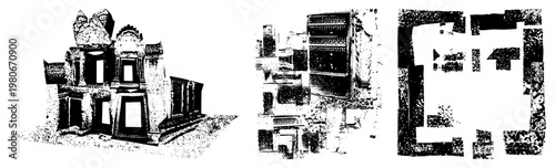 Weathered temple structure with ornate and carved symbols, archaeological site, historical monument, stone ruins, sacred architecture.