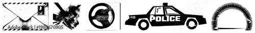 Black and white police graphic, law enforcement vehicle, patrol car, emergency response symbol, public safety emblem.