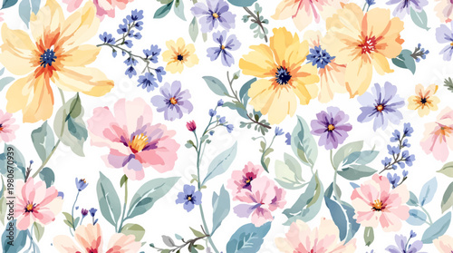 Bright blooming flowers create cheerful watercolor pattern bringing fresh and lively artistic energy today