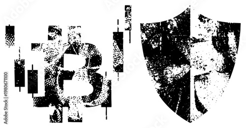 Bitcoin logo with halftone texture, digital currency symbol, shield, crypto security, blockchain protection, financial safety, digital asset shield.