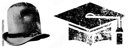 Classic bowler hat with brim and band, academic cap with tassel, halftone texture, vector, educational and vintage.