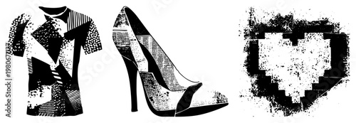 Black and white halftone t shirt, stiletto high heel shoe, pixelated heart design, vector art, fashion, abstract composition.