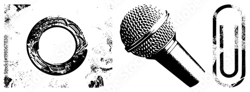 Retro microphone, circular ring emblem, paperclip clip, vector, distressed texture, graphic design elements, isolated objects, halftone effect.