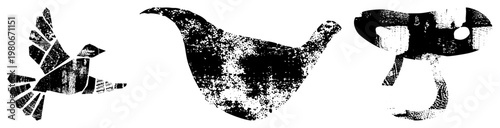 Stylized bird in flight, chicken silhouette, mushroom shape, all rendered in gritty halftone texture, vector art, isolated foreground.