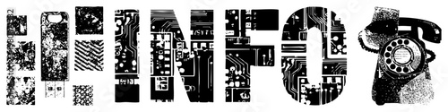 Vintage rotary phone and bold "INFO" letters composed of electronic circuit, tech themed graphic, digital nostalgia design, vector illustration.