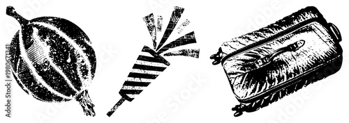 Retro suitcase with textured fabric, striped fan with frayed edges, stylized fruit with dotted texture, all in halftone vector art style.