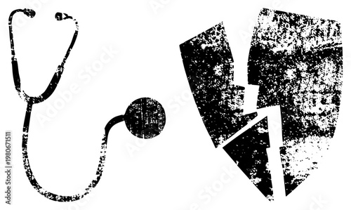 Medical stethoscope and shattered phone, healthcare tech breakdown, patient communication disconnect, doctor patient tech failure, digital health barrier.