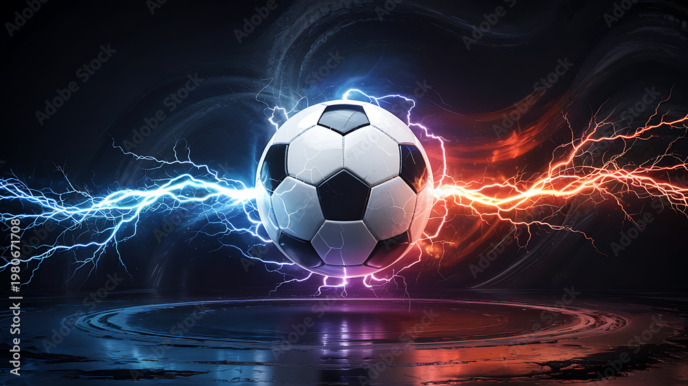 Fototapeta premium Soccer ball surrounded by vibrant blue and orange lightning strikes on dark abstract background creating dynamic energy versus theme for sports competition and championship concept