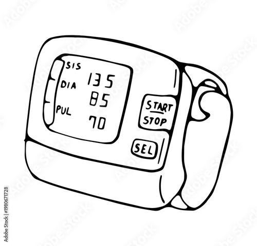 Digital Blood Pressure Monitor Doodle Illustration Healthcare Device