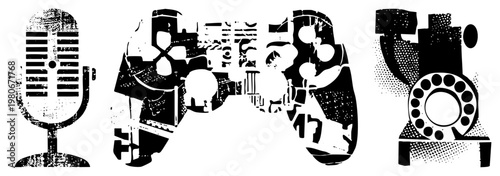 Retro styled microphone, gaming controller, rotary telephone, black and white vector art, distressed texture, vintage tech, isolated digital assets.