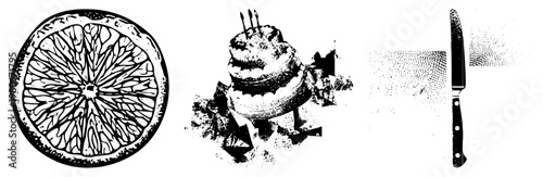 Black and white halftone illustration of citrus slice, layered cake with candles, and knife graphic design elements for culinary or celebratory themes.