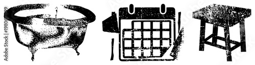 Classic clawfoot tub with water, torn calendar grid, wooden stool with legs, halftone vector art, isolated design elements, retro graphic style.