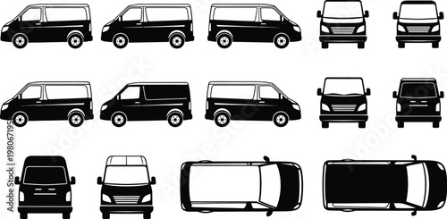 Detailed passenger minivan vector outline collection from all sides