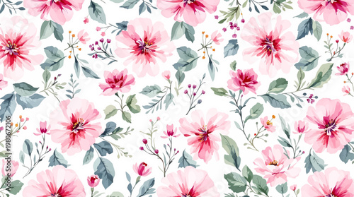 Soft botanical watercolor pattern features blooming flowers arranged in harmonious and elegant repeating design today