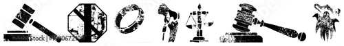 Court gavel striking block, justice scale, stop sign with hand, legal, grunge texture, black and white vector, symbolic law.