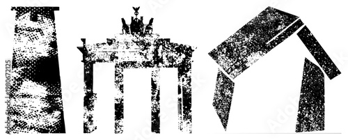 Berlin Brandenburg Gate rendered in halftone dot, flanked by abstract architectural silhouettes, vector art, German landmarks, historical monument, dotted graphic design.