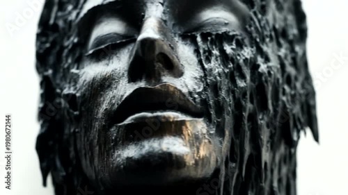 Close-up of an artistic sculpture depicting a human face with textured surface and dripping details