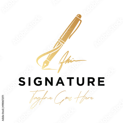 Golden Pen Pencil with signature for creativity writing education or professional business personal Logo Design
