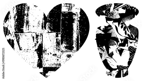 Graphic heart and vase rendered in bold black and white halftone, abstract geometric, modern art vector, isolated design elements, stylized shapes, graphic illustration.