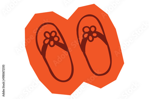 Hand drawn pair of flip flops with flower detail on orange shape for Scrapbook and Journal. Vector illustration design.