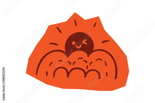 Hand drawn smiling sun character winking behind clouds on orange shape representing morning and happiness for Scrapbook and Journal. Vector illustration design.