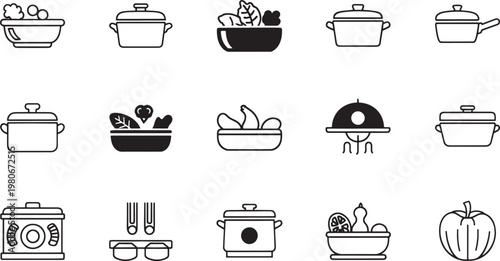 Collection of black and white cooking pot and food saucepan bowl salad fruit