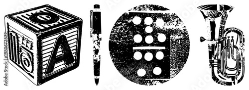 Alphabet block featuring letter A, wooden toy pen, child’s learning toy, educational plaything, early literacy tool, kindergarten item, school supply.