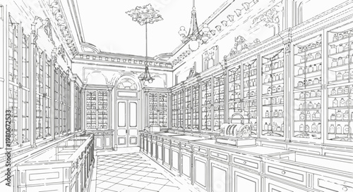 Vintage apothecary shop interior with shelves full of bottles and antique cash register