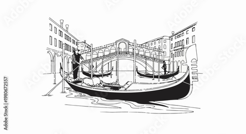 Vintage black and white illustration of gondolas near a bridge