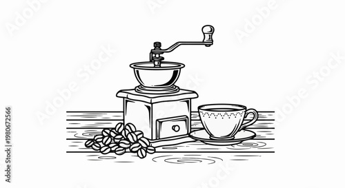 Vintage coffee grinder with beans and cup on wooden surface